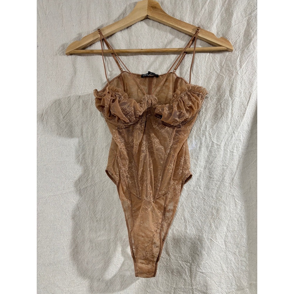 Zara Sheer Lace Bodysuit Tan Nude Corset Style Ruffle Neckline Small Romantic